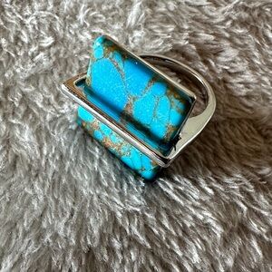Square Turquoise Stone Ring with Silver. Sz 6